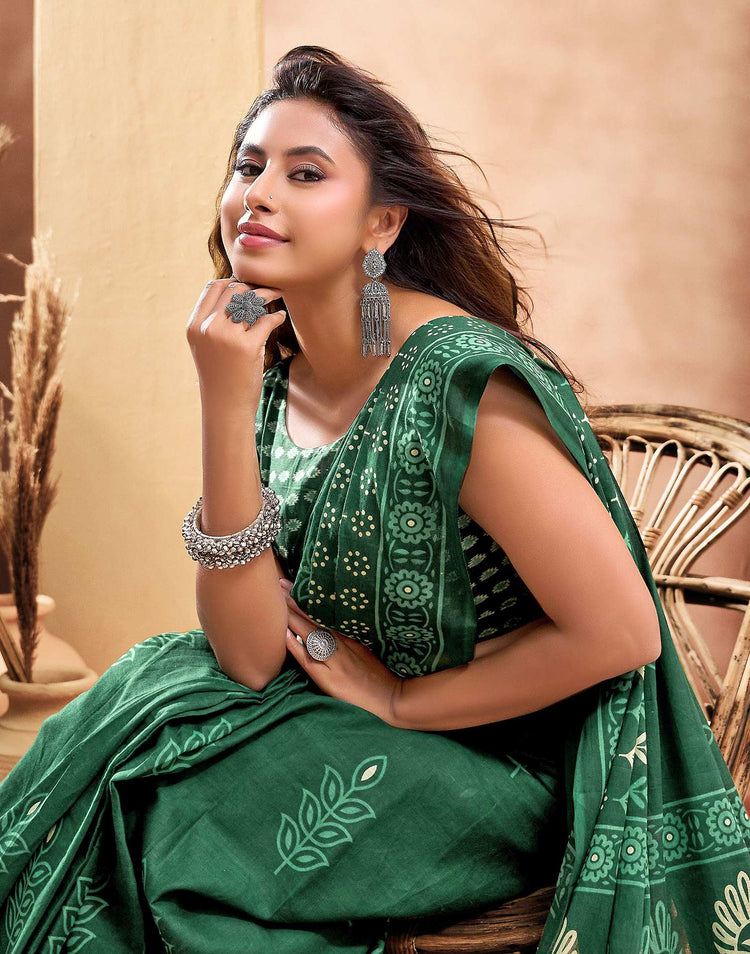 Ready To Wear Dark Green Cotton Printed Saree