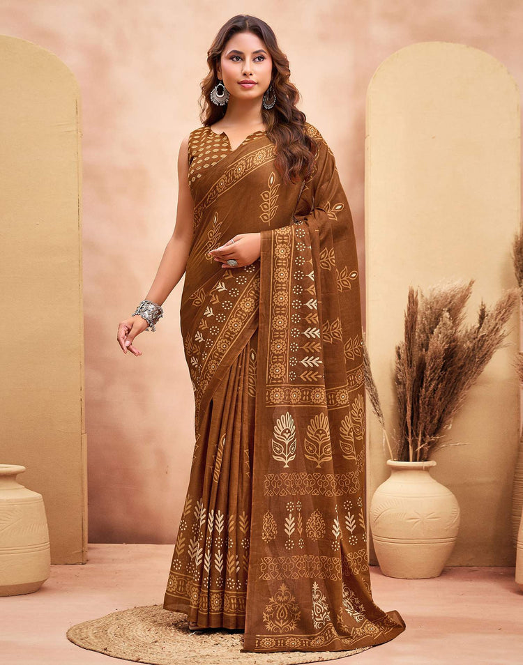Ready To Wear Brown Cotton Printed Saree