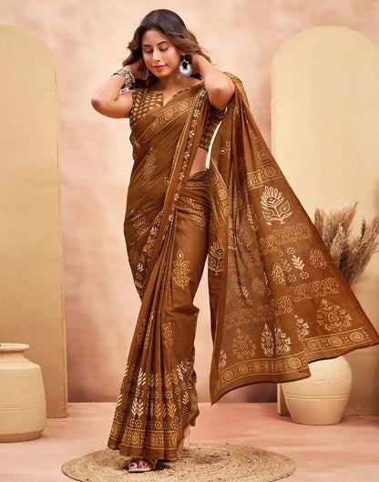 Ready To Wear Brown Cotton Printed Saree