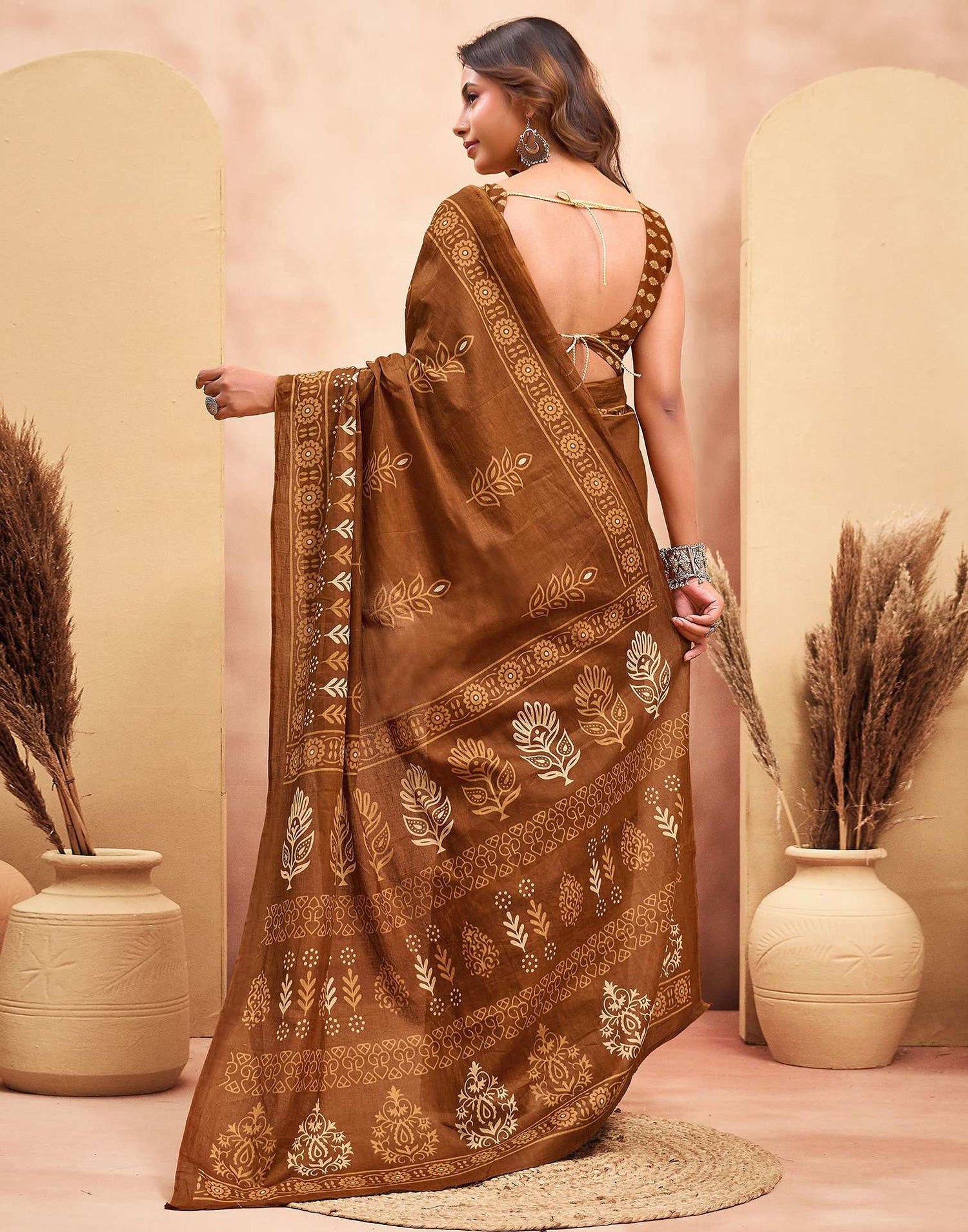 Ready To Wear Brown Cotton Printed Saree