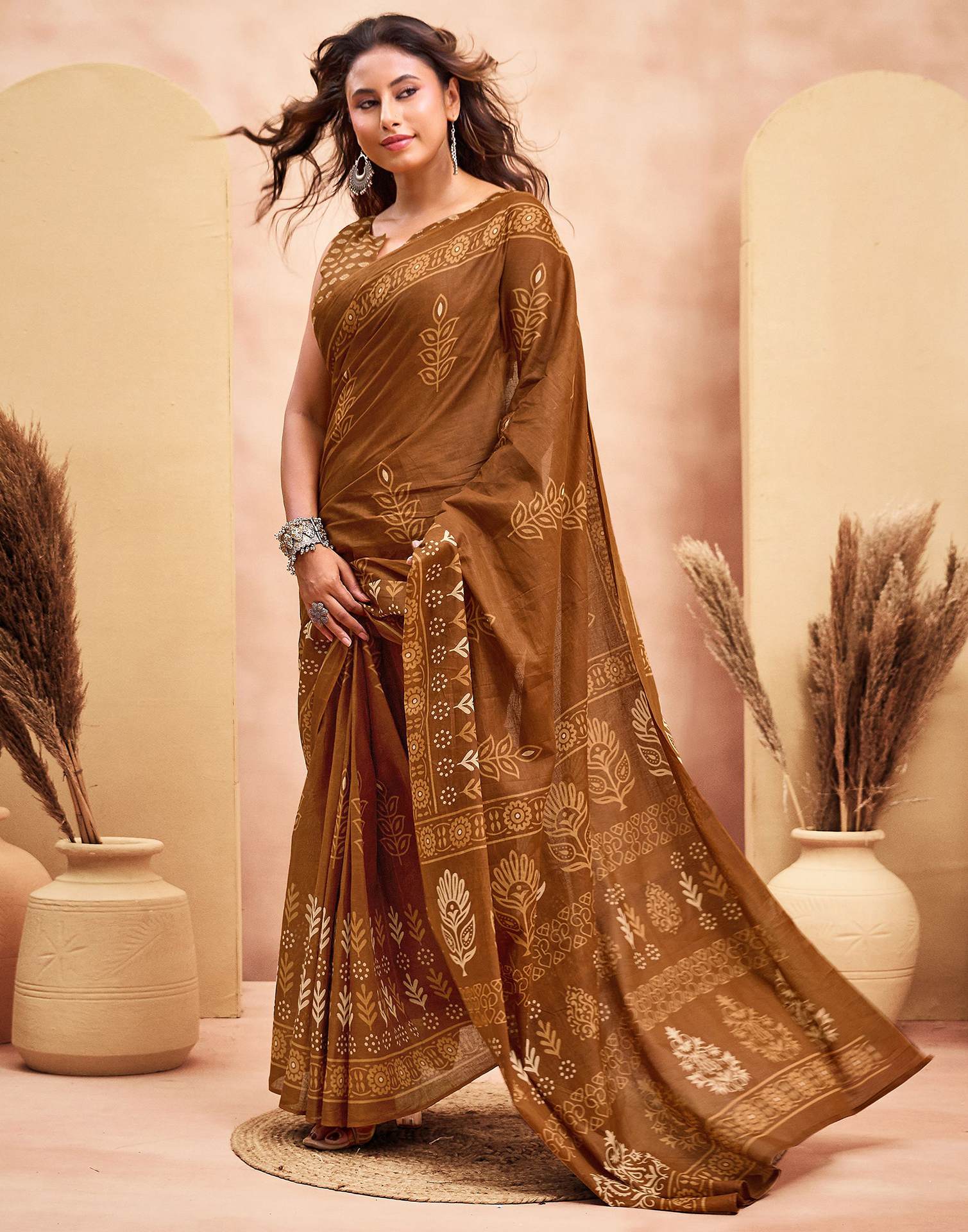 Ready To Wear Brown Cotton Printed Saree