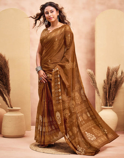 Ready To Wear Brown Cotton Printed Saree