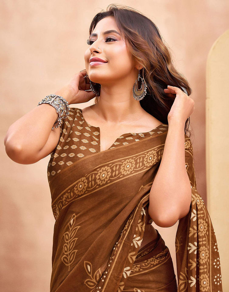 Ready To Wear Brown Cotton Printed Saree