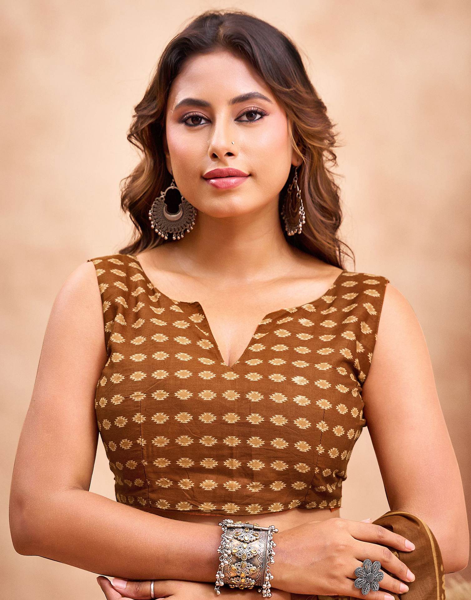 Ready To Wear Brown Cotton Printed Saree