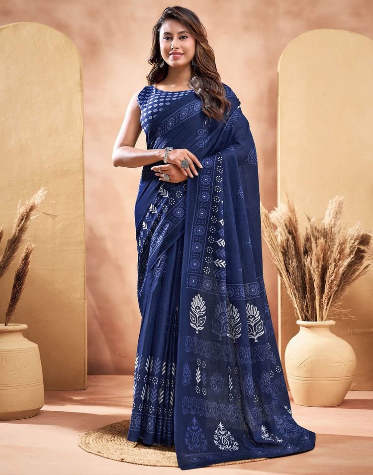 Ready To Wear Navy Blue Cotton Printed Saree