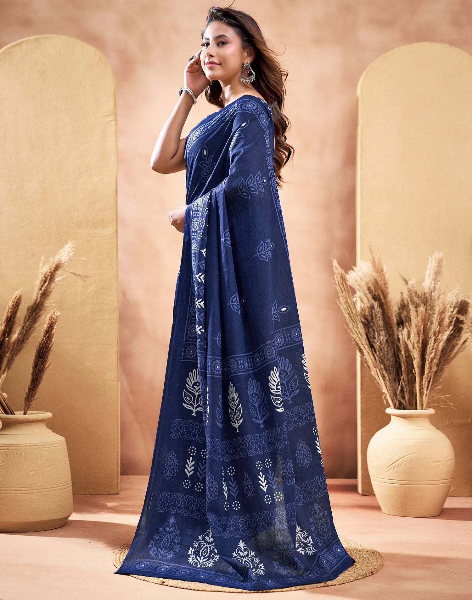 Ready To Wear Navy Blue Cotton Printed Saree