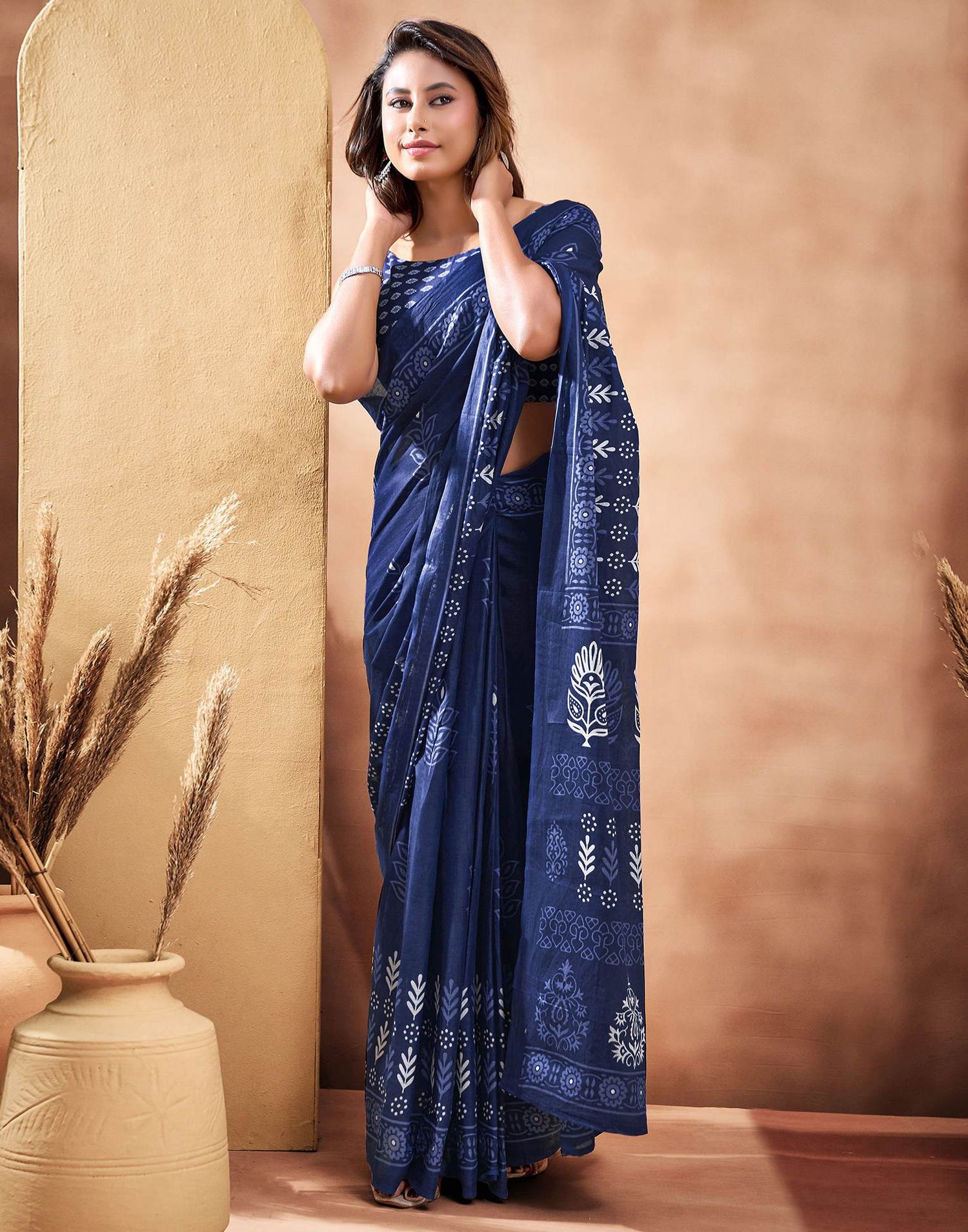 Ready To Wear Navy Blue Cotton Printed Saree