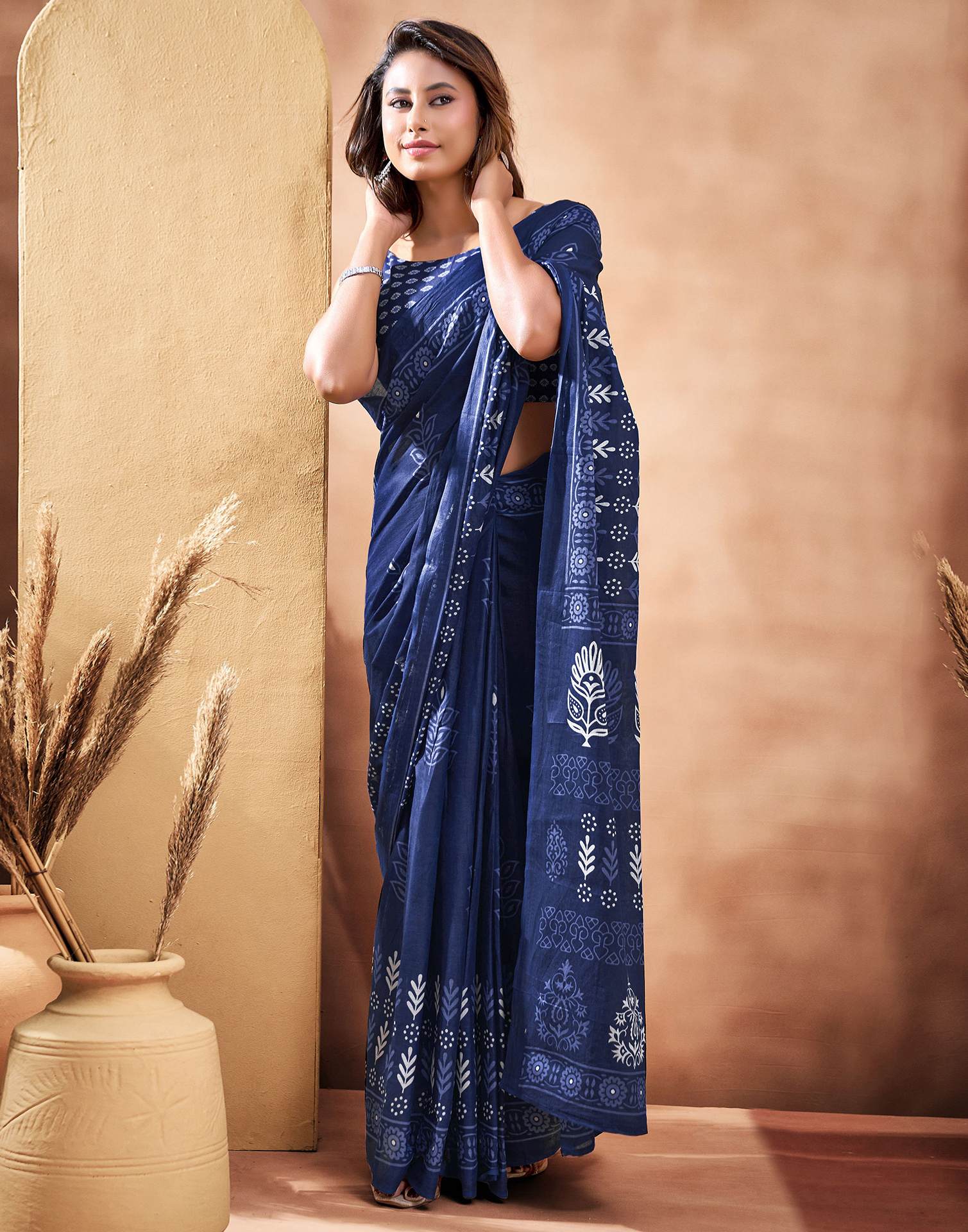Ready To Wear Navy Blue Cotton Printed Saree