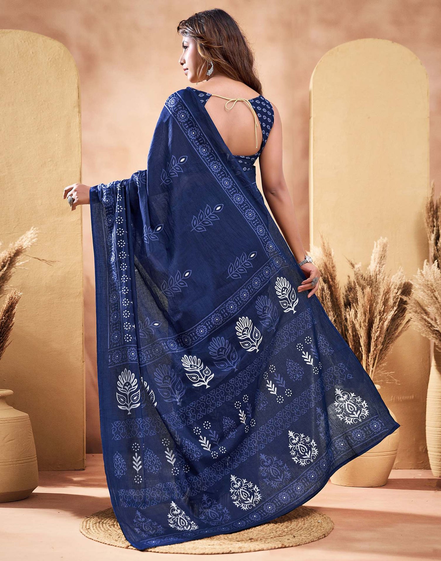 Ready To Wear Navy Blue Cotton Printed Saree