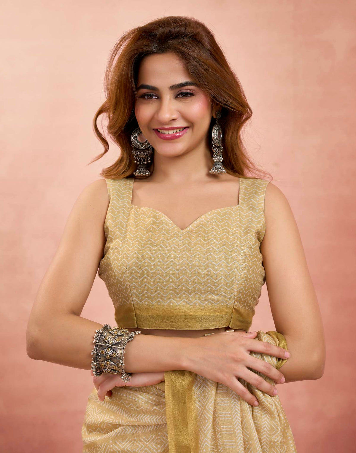 Ready To Wear Dusty Yellow Linen Printed Saree