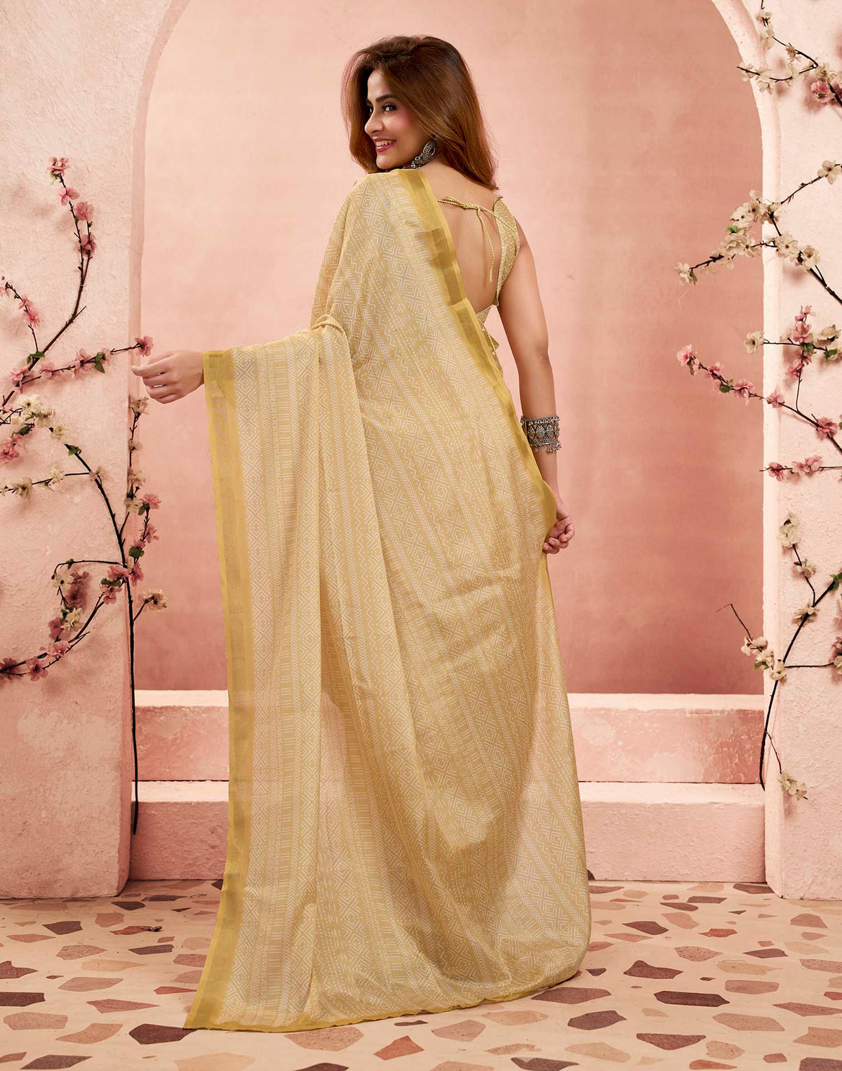 Ready To Wear Dusty Yellow Linen Printed Saree
