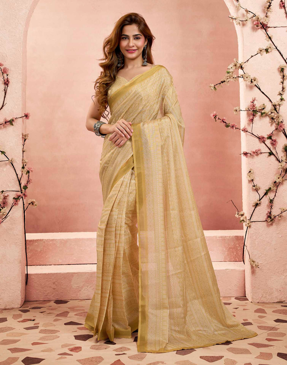 Ready To Wear Dusty Yellow Linen Printed Saree