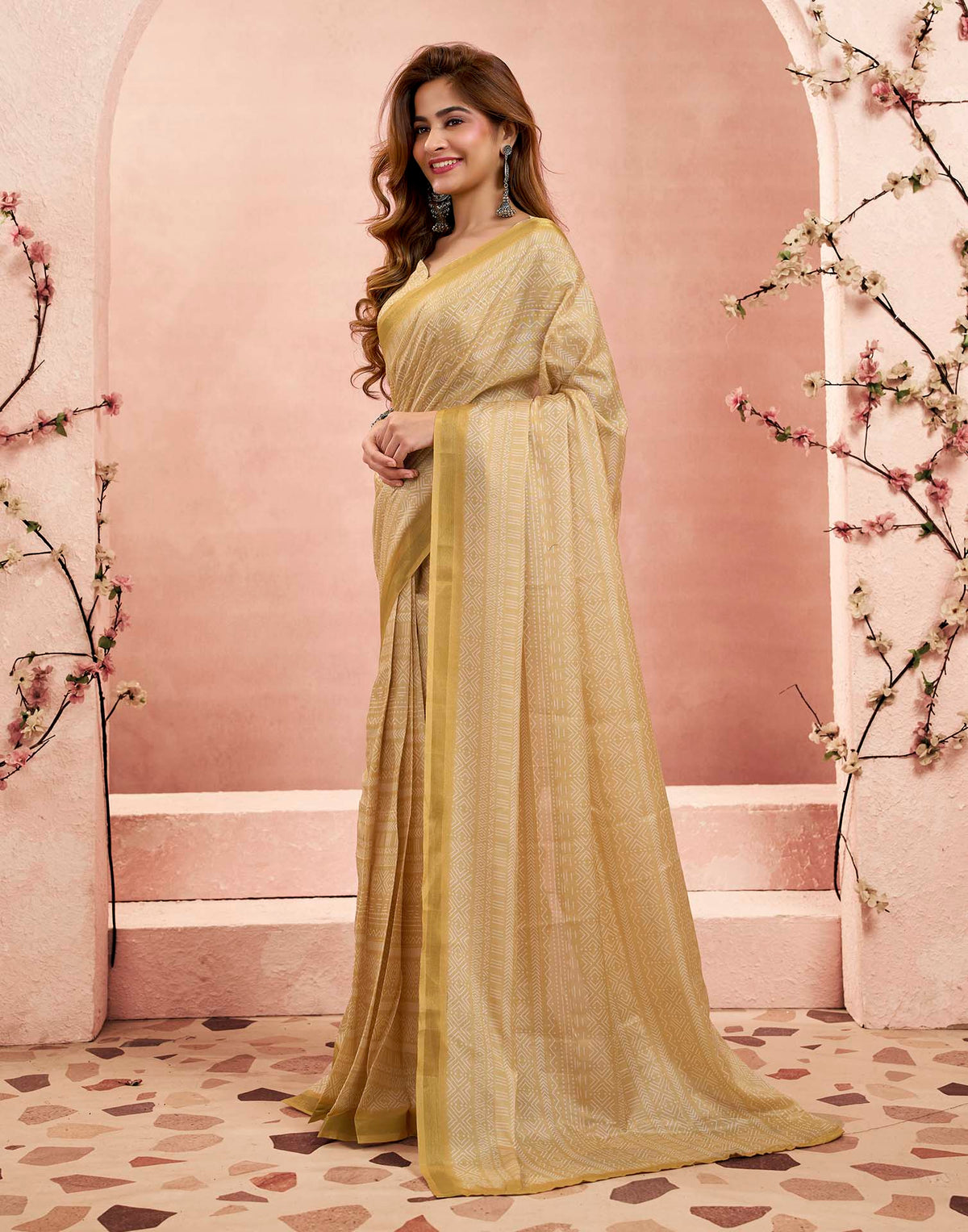Ready To Wear Dusty Yellow Linen Printed Saree