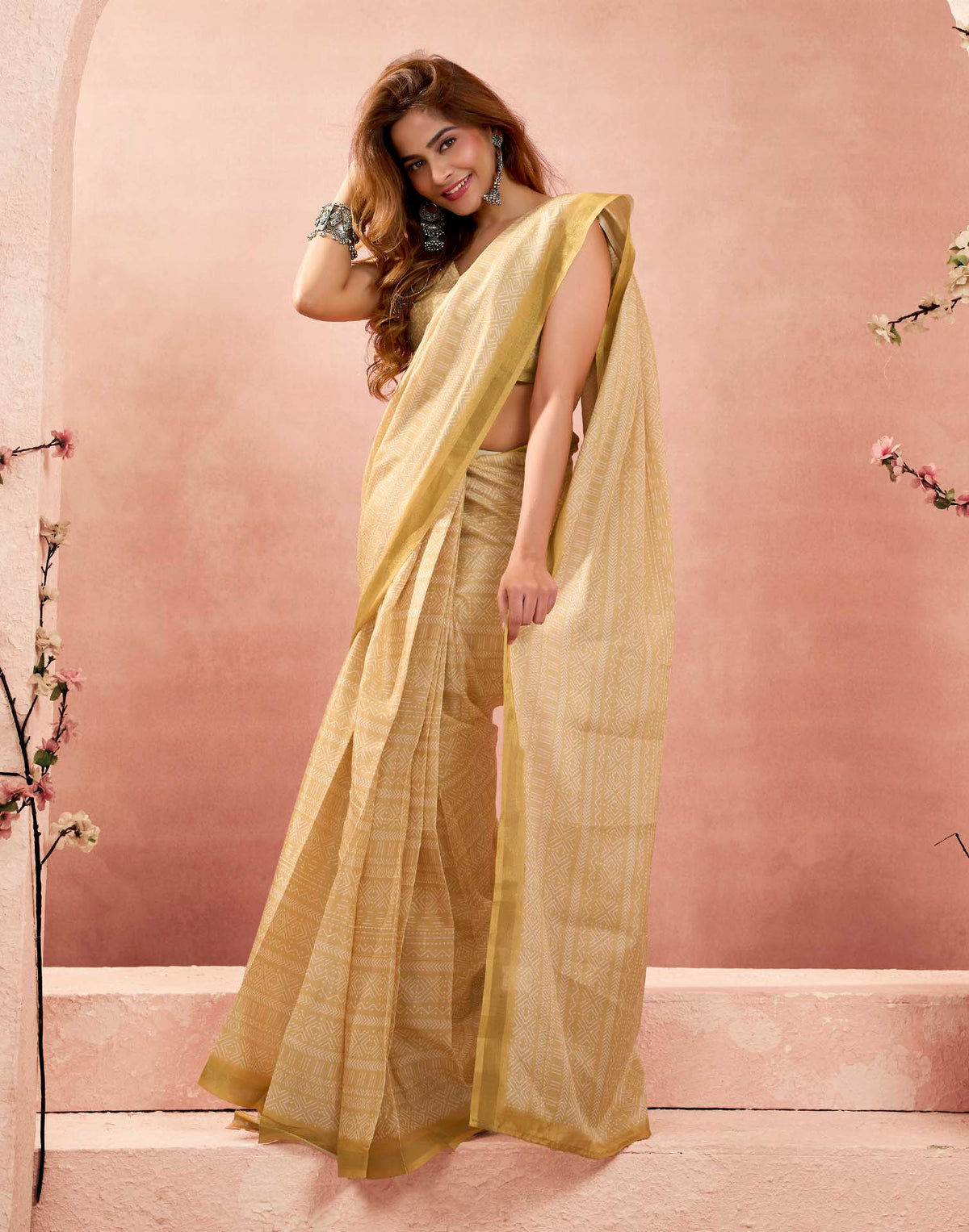 Ready To Wear Dusty Yellow Linen Printed Saree