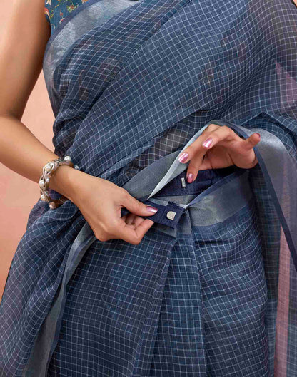 Ready To Wear Steal Blue Linen Checkered Printed Saree
