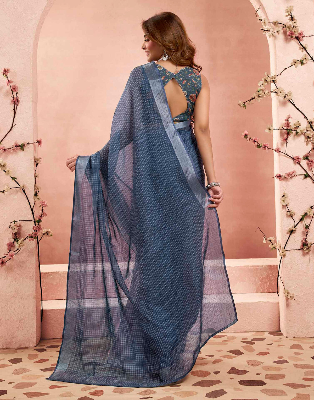 Ready To Wear Steal Blue Linen Checkered Printed Saree
