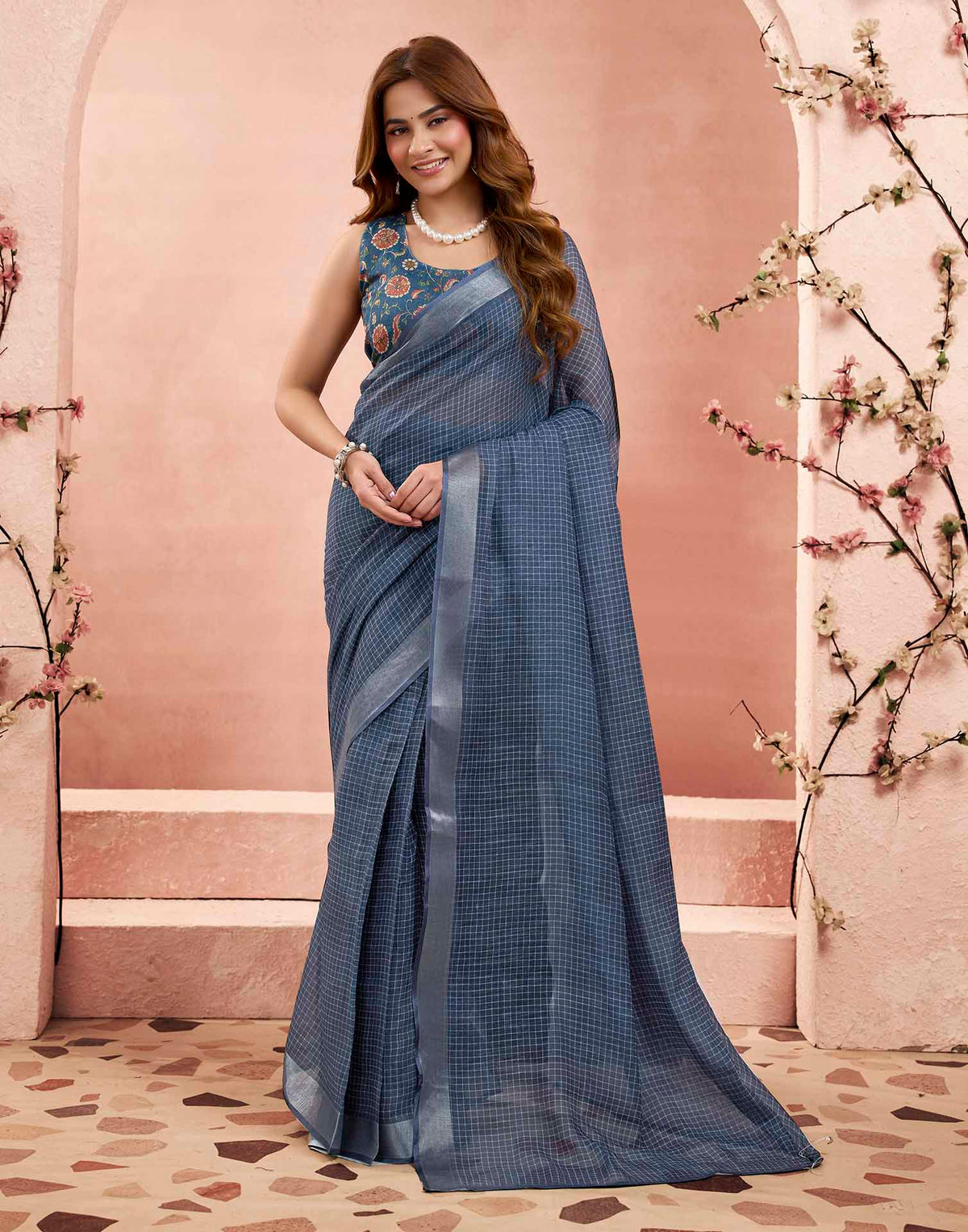 Ready To Wear Steal Blue Linen Checkered Printed Saree