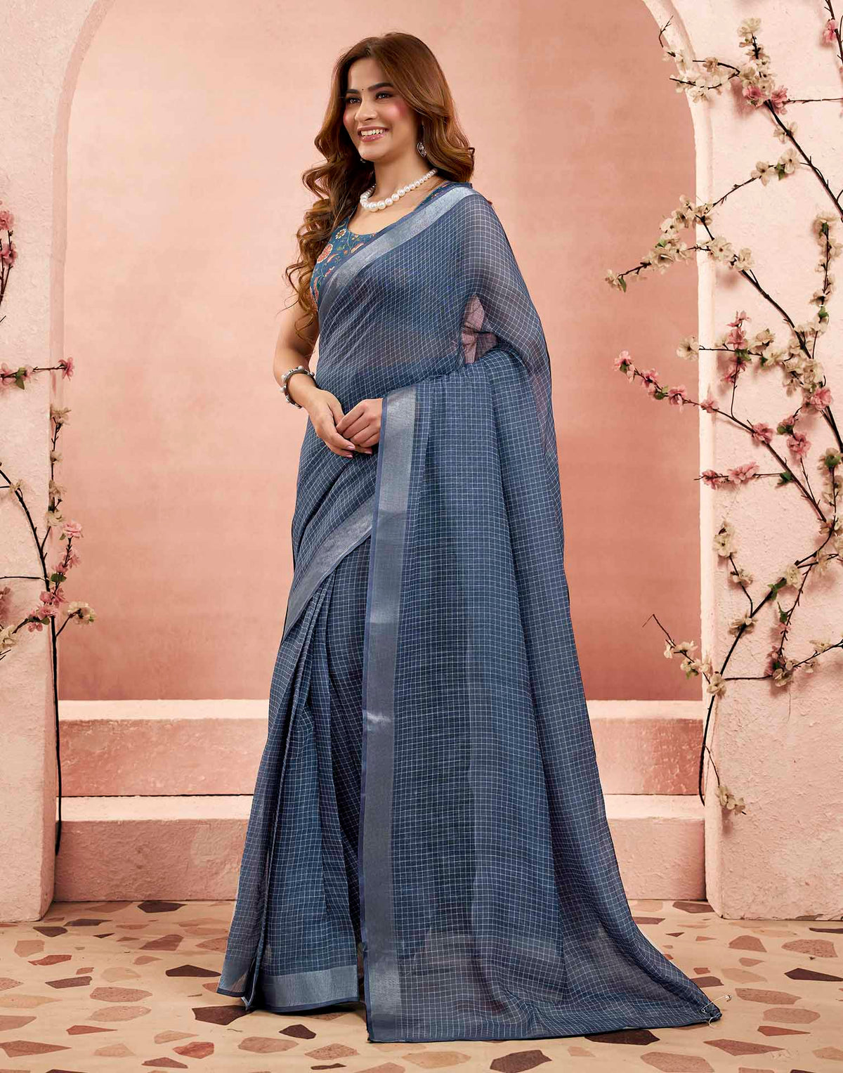 Ready To Wear Steal Blue Linen Checkered Printed Saree