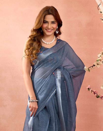 Ready To Wear Steal Blue Linen Checkered Printed Saree