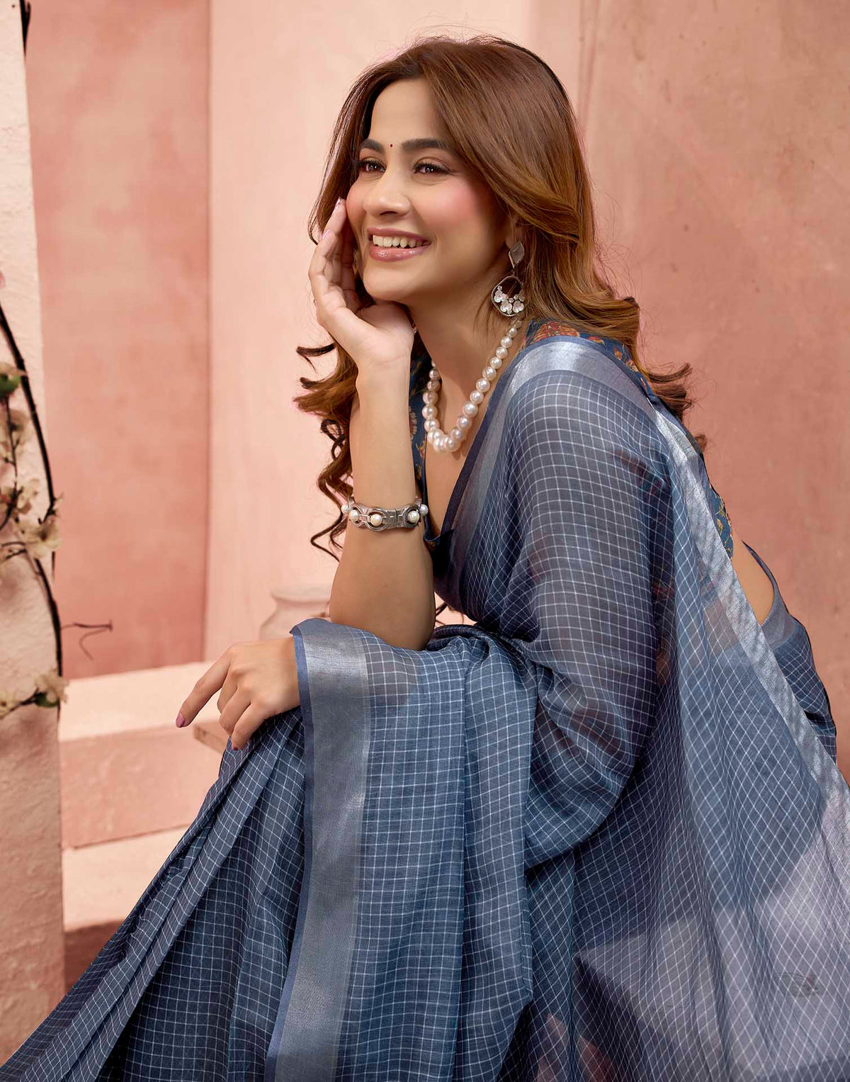 Ready To Wear Steal Blue Linen Checkered Printed Saree