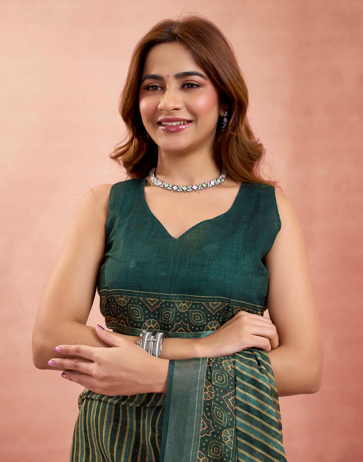 Ready To Wear Bottle Green Linen Printed Saree