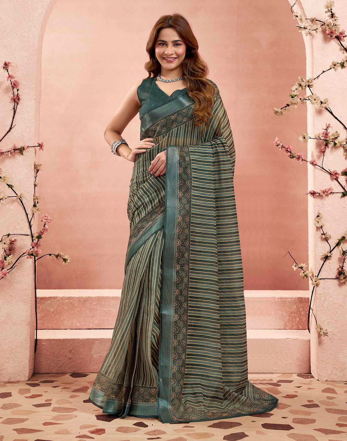 Ready To Wear Bottle Green Linen Printed Saree
