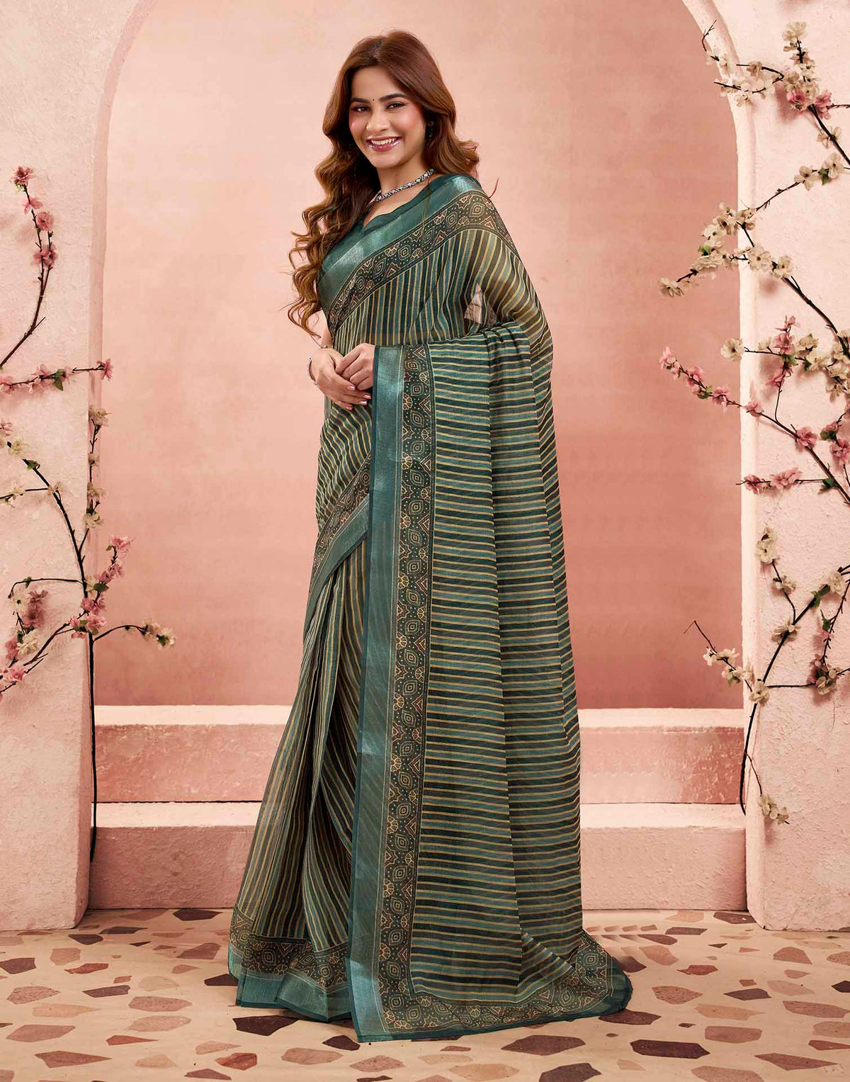 Ready To Wear Bottle Green Linen Printed Saree