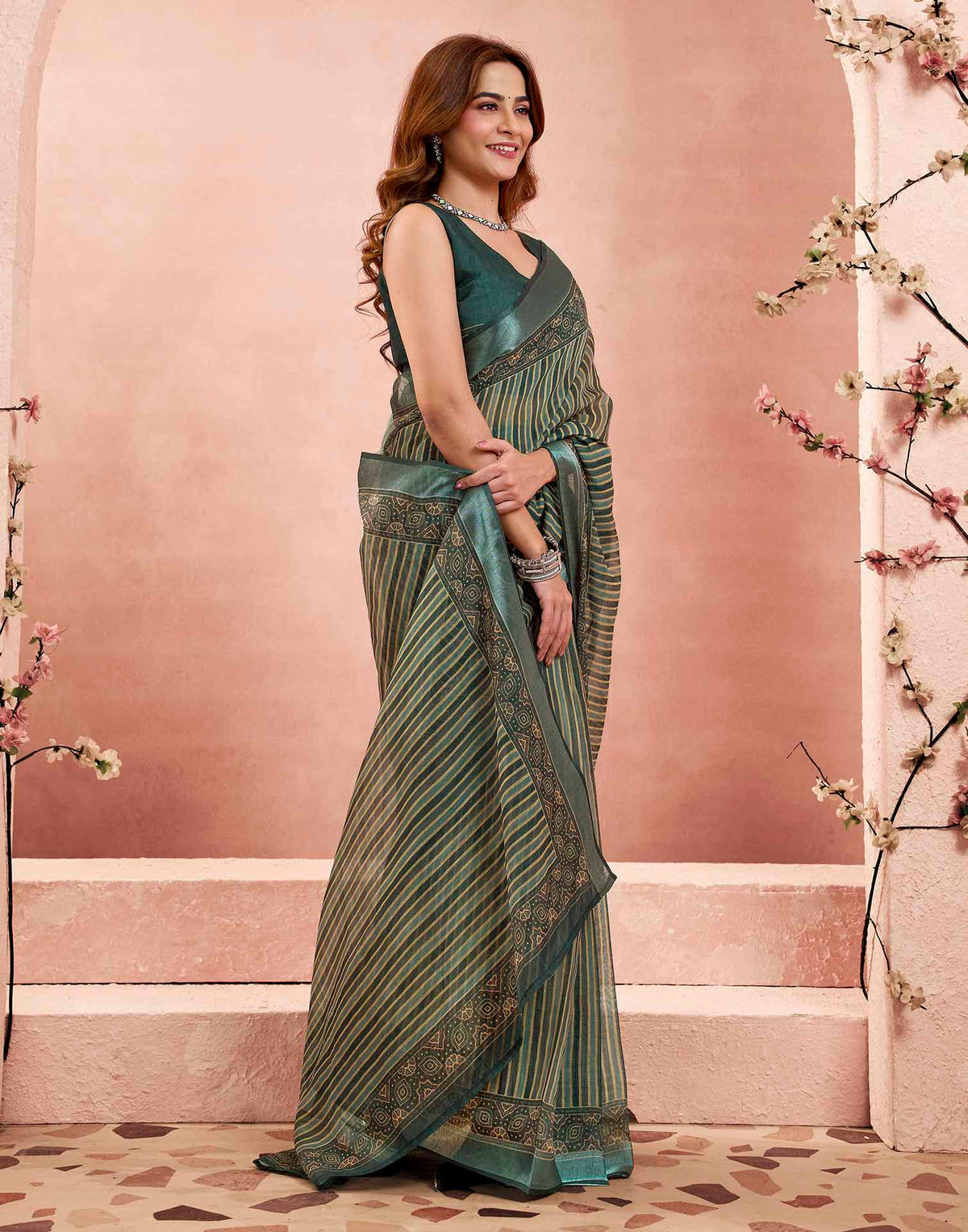 Ready To Wear Bottle Green Linen Printed Saree
