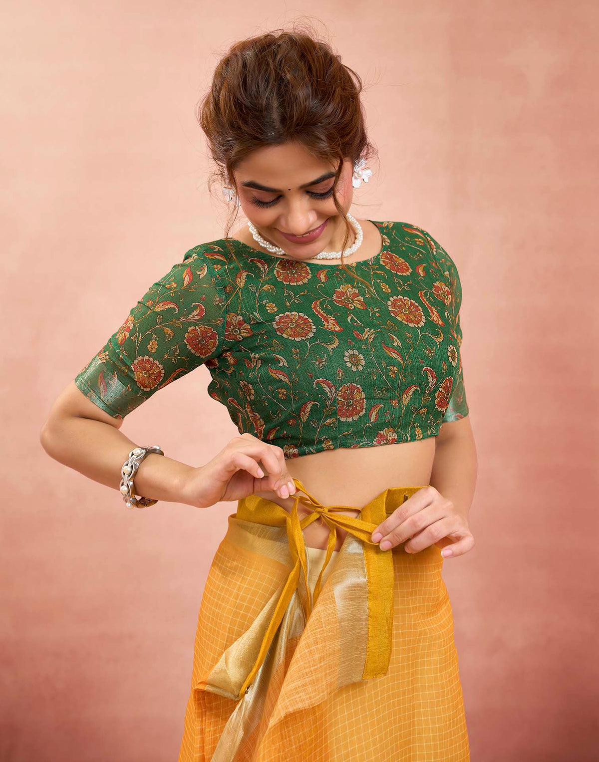 Ready To Wear Mustard Yellow Linen Checkered Printed Saree