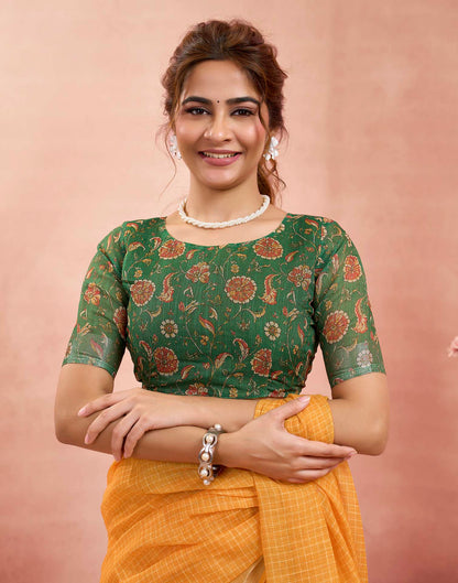 Ready To Wear Mustard Yellow Linen Checkered Printed Saree