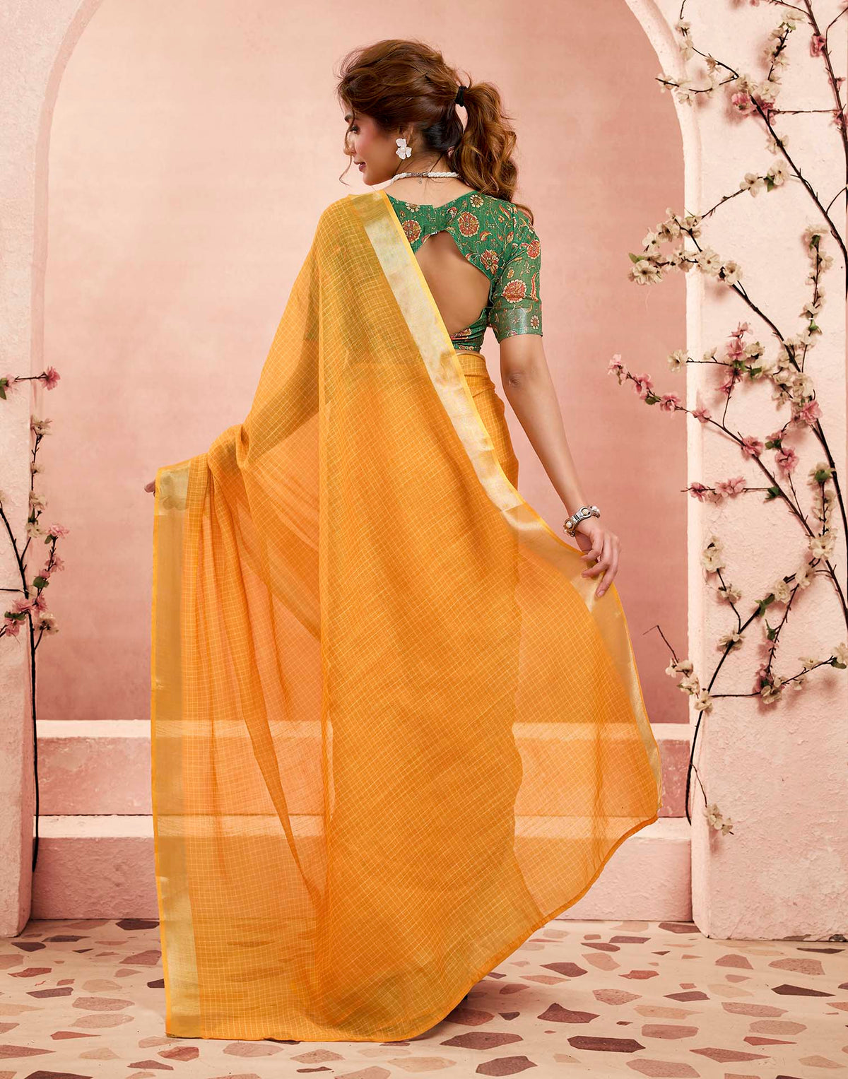 Ready To Wear Mustard Yellow Linen Checkered Printed Saree