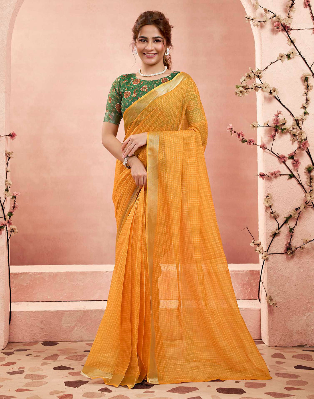 Ready To Wear Mustard Yellow Linen Checkered Printed Saree
