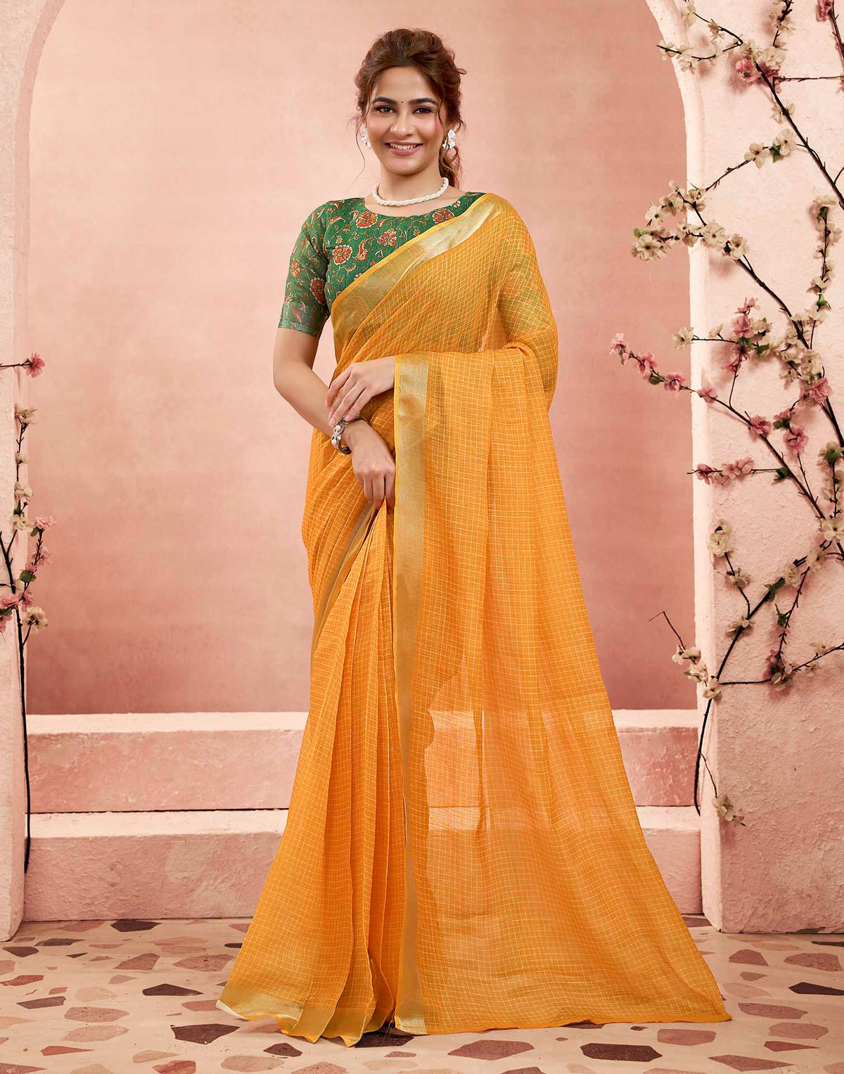 Ready To Wear Mustard Yellow Linen Checkered Printed Saree