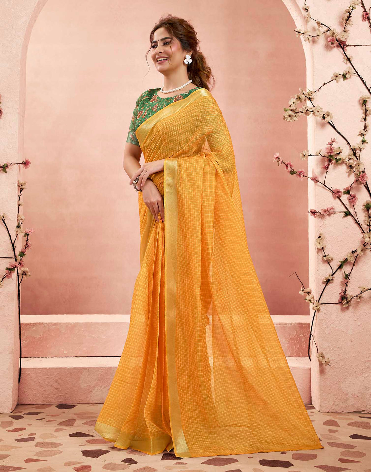 Ready To Wear Mustard Yellow Linen Checkered Printed Saree