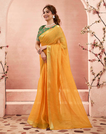 Ready To Wear Mustard Yellow Linen Checkered Printed Saree