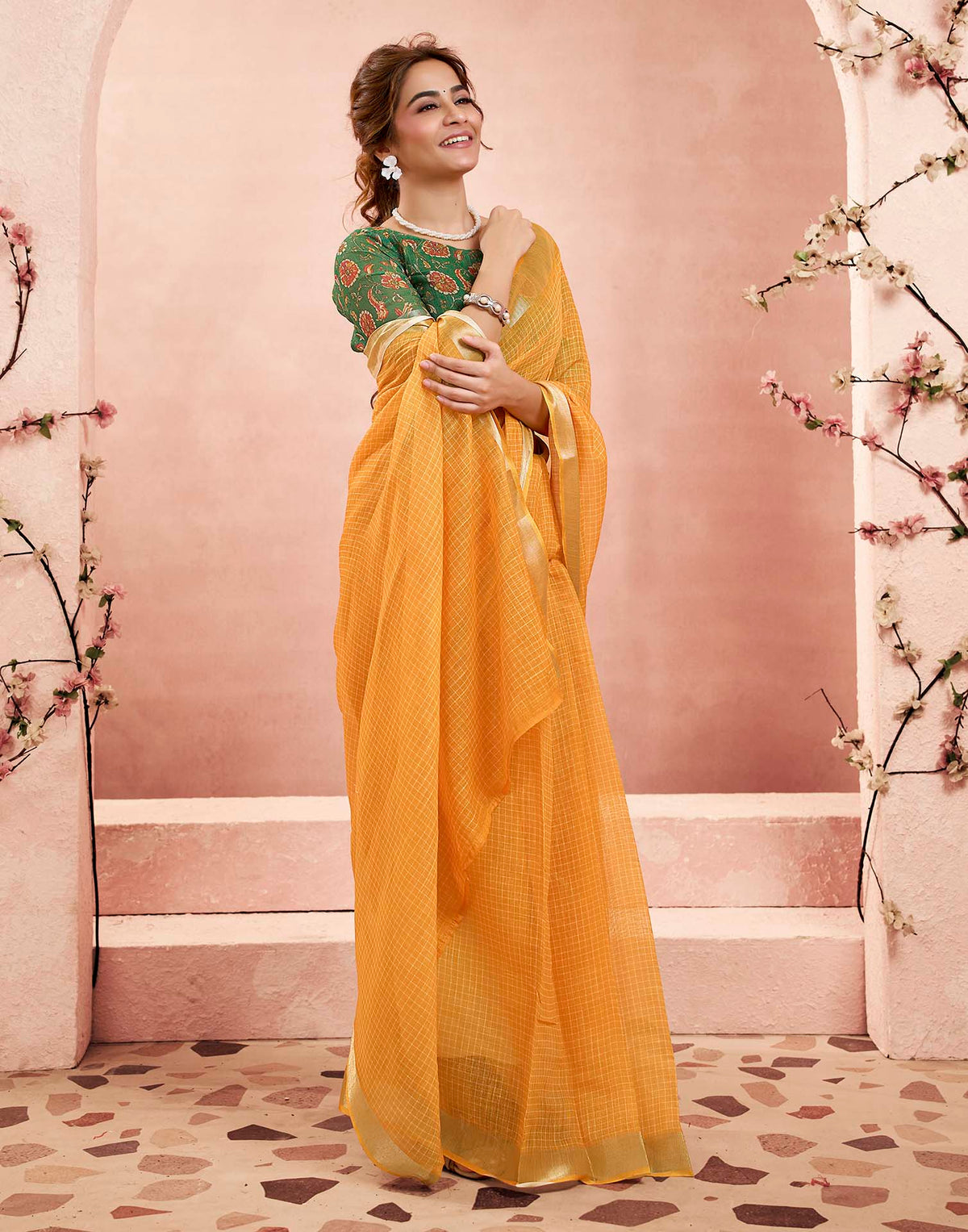 Ready To Wear Mustard Yellow Linen Checkered Printed Saree