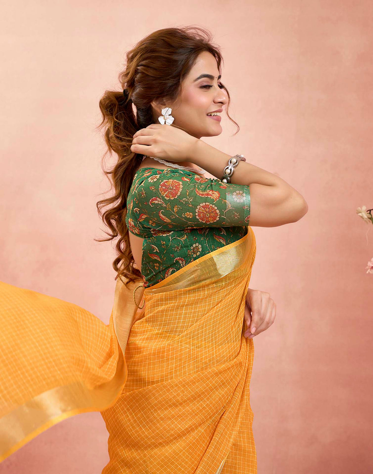 Ready To Wear Mustard Yellow Linen Checkered Printed Saree