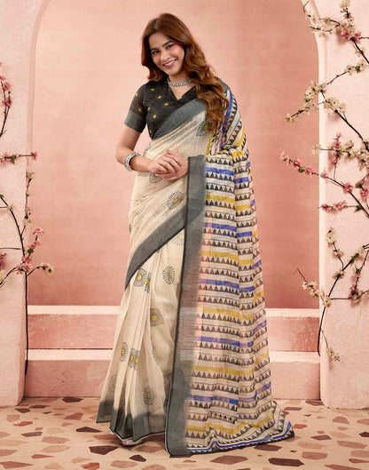 Ready To Wear Beige Linen Printed Saree