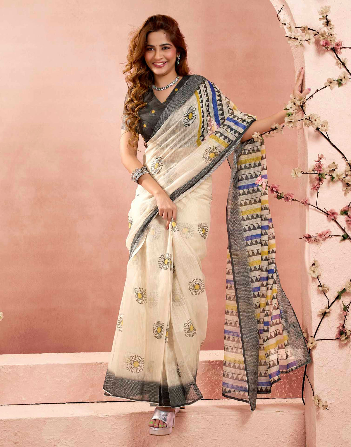 Ready To Wear Beige Linen Printed Saree