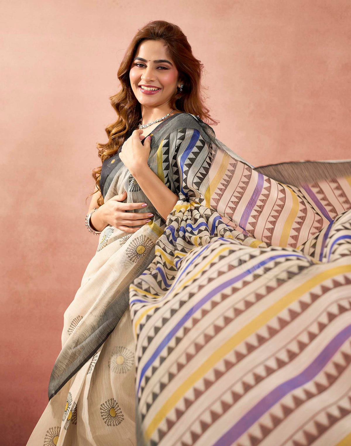 Ready To Wear Beige Linen Printed Saree