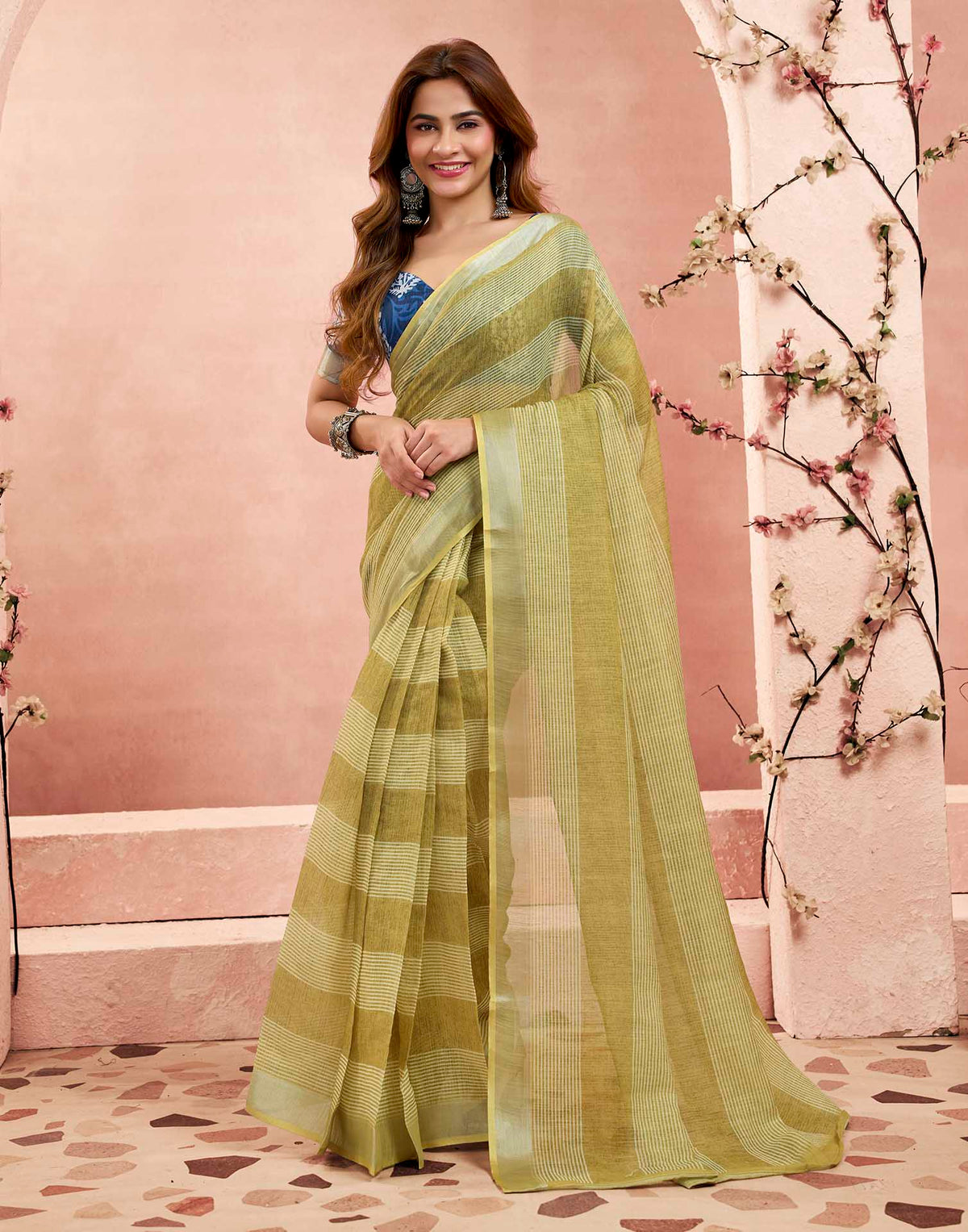 Ready To Wear Olive Green Linen Printed Saree