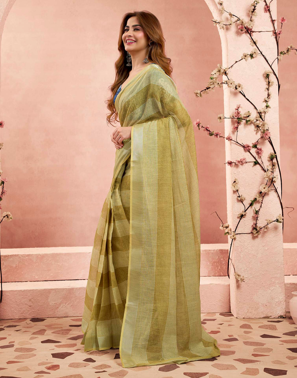 Ready To Wear Olive Green Linen Printed Saree
