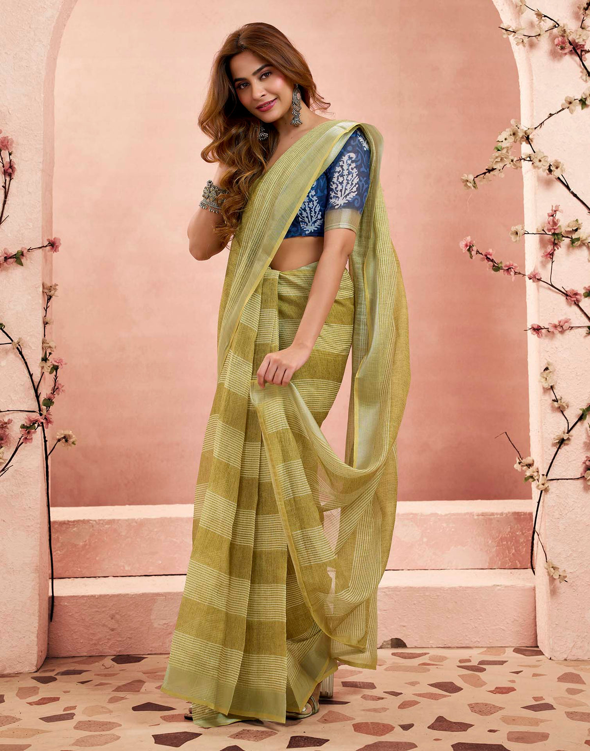 Ready To Wear Olive Green Linen Printed Saree
