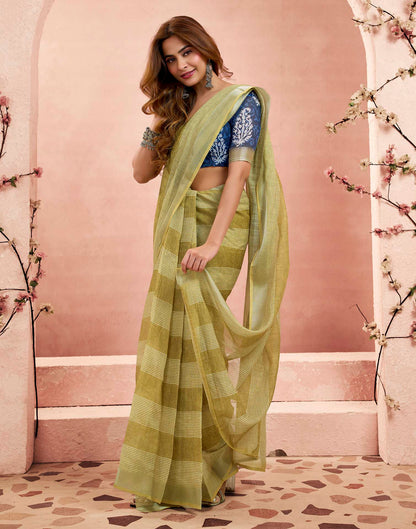 Ready To Wear Olive Green Linen Printed Saree