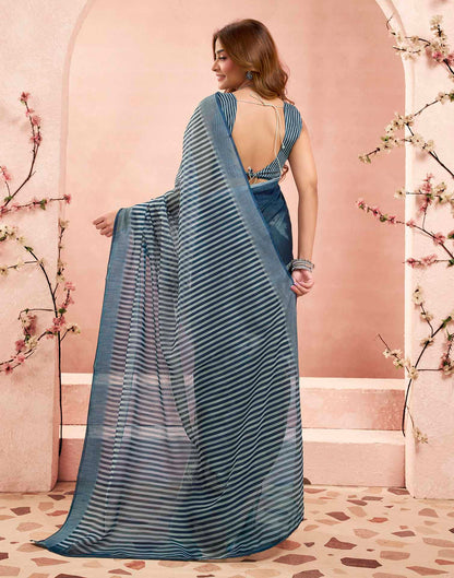 Ready To Wear Denim Blue Linen Printed Saree