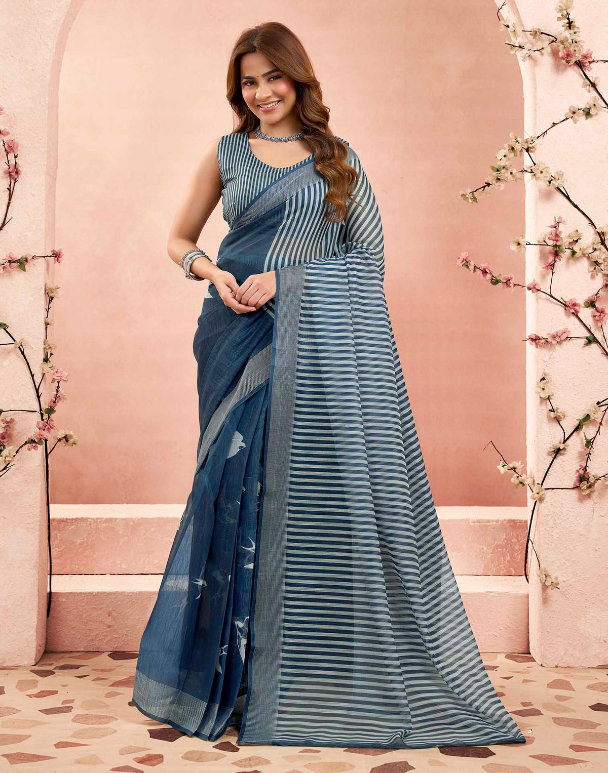 Ready To Wear Denim Blue Linen Printed Saree