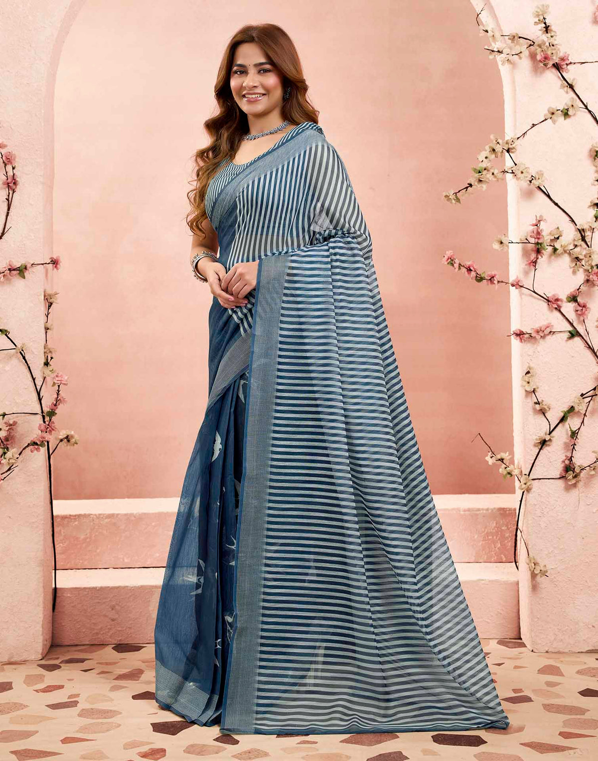 Ready To Wear Denim Blue Linen Printed Saree