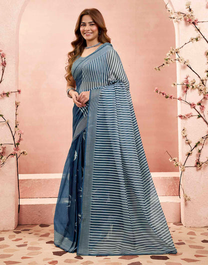 Ready To Wear Denim Blue Linen Printed Saree
