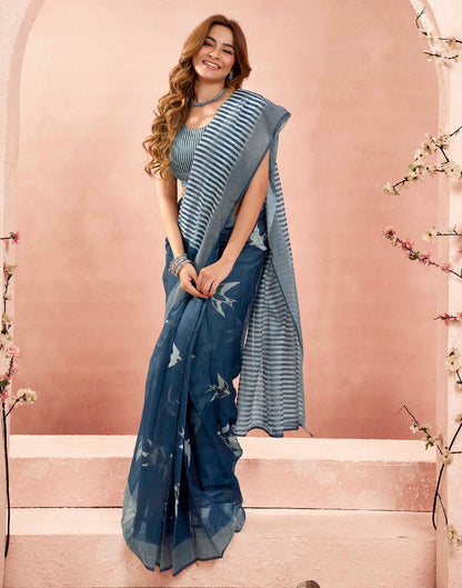 Ready To Wear Denim Blue Linen Printed Saree