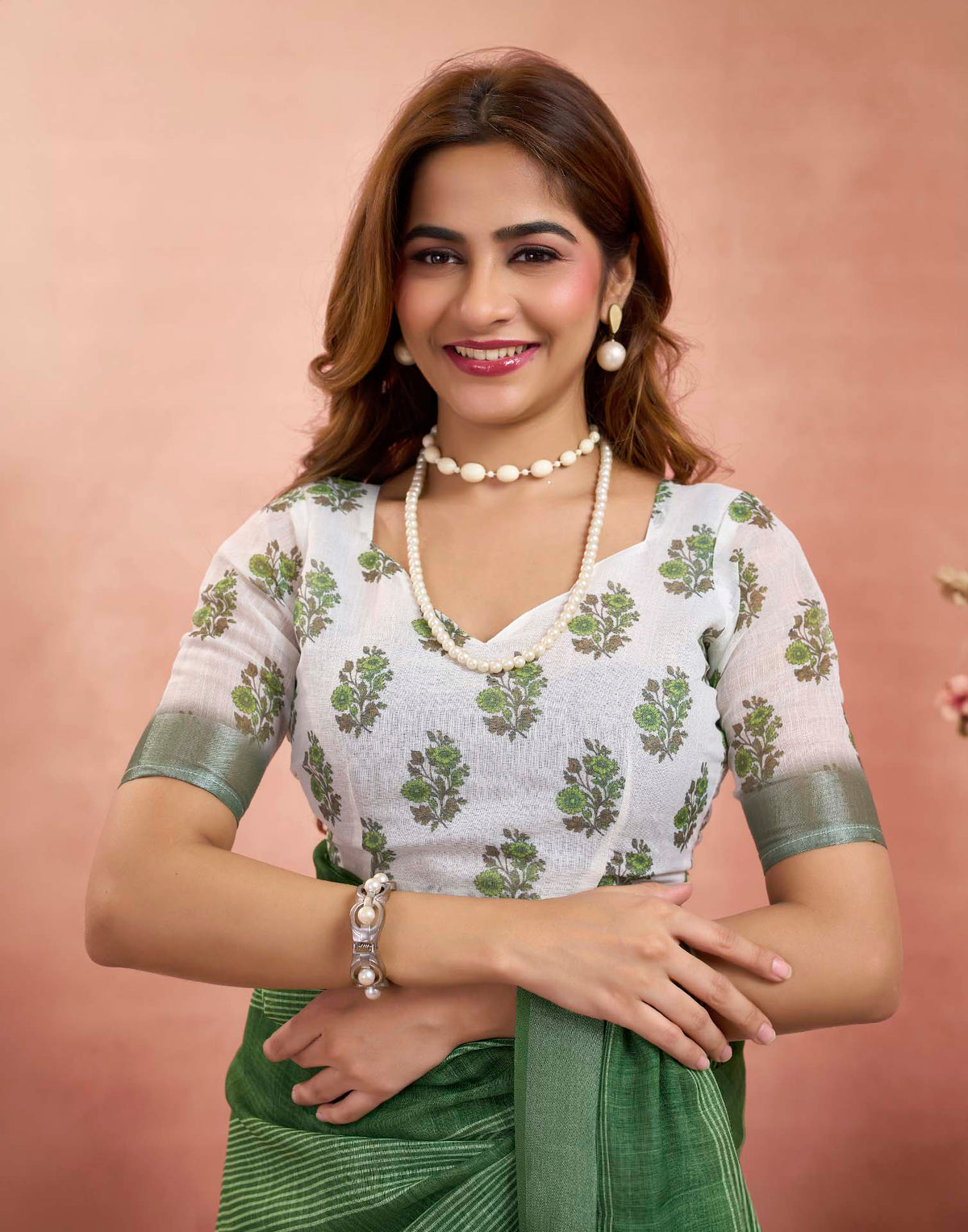 Ready To Wear Green Linen Printed Saree